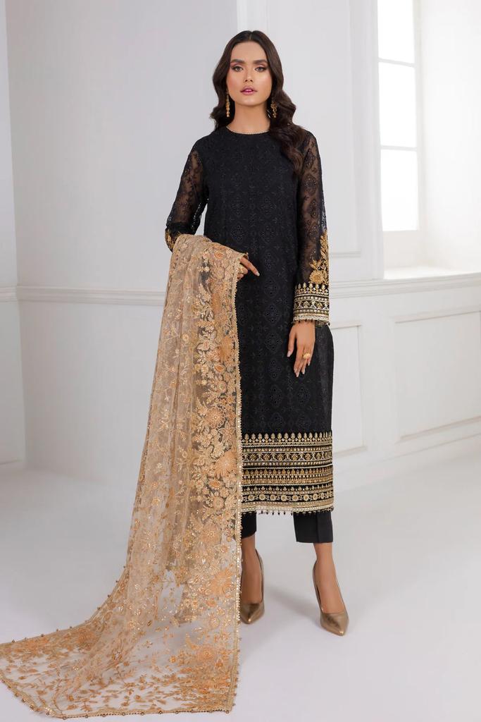 Baroque Chiffon Embroidery Dress 3Ps With Net Embroidery Shawl
