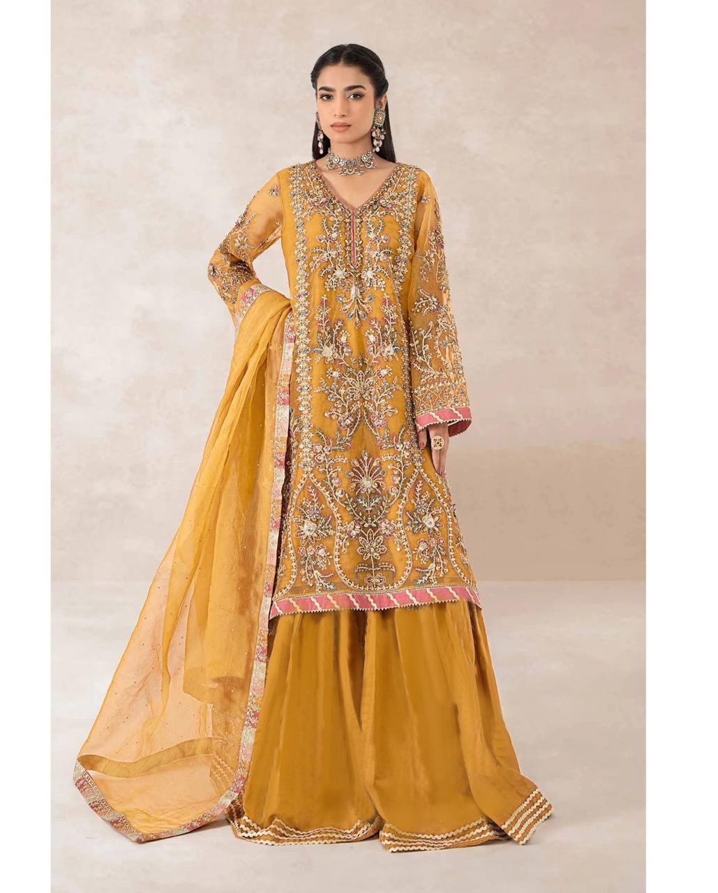 Maria B Organza Collection Mustard Unstitched Embroidery Dresses by Aizah store