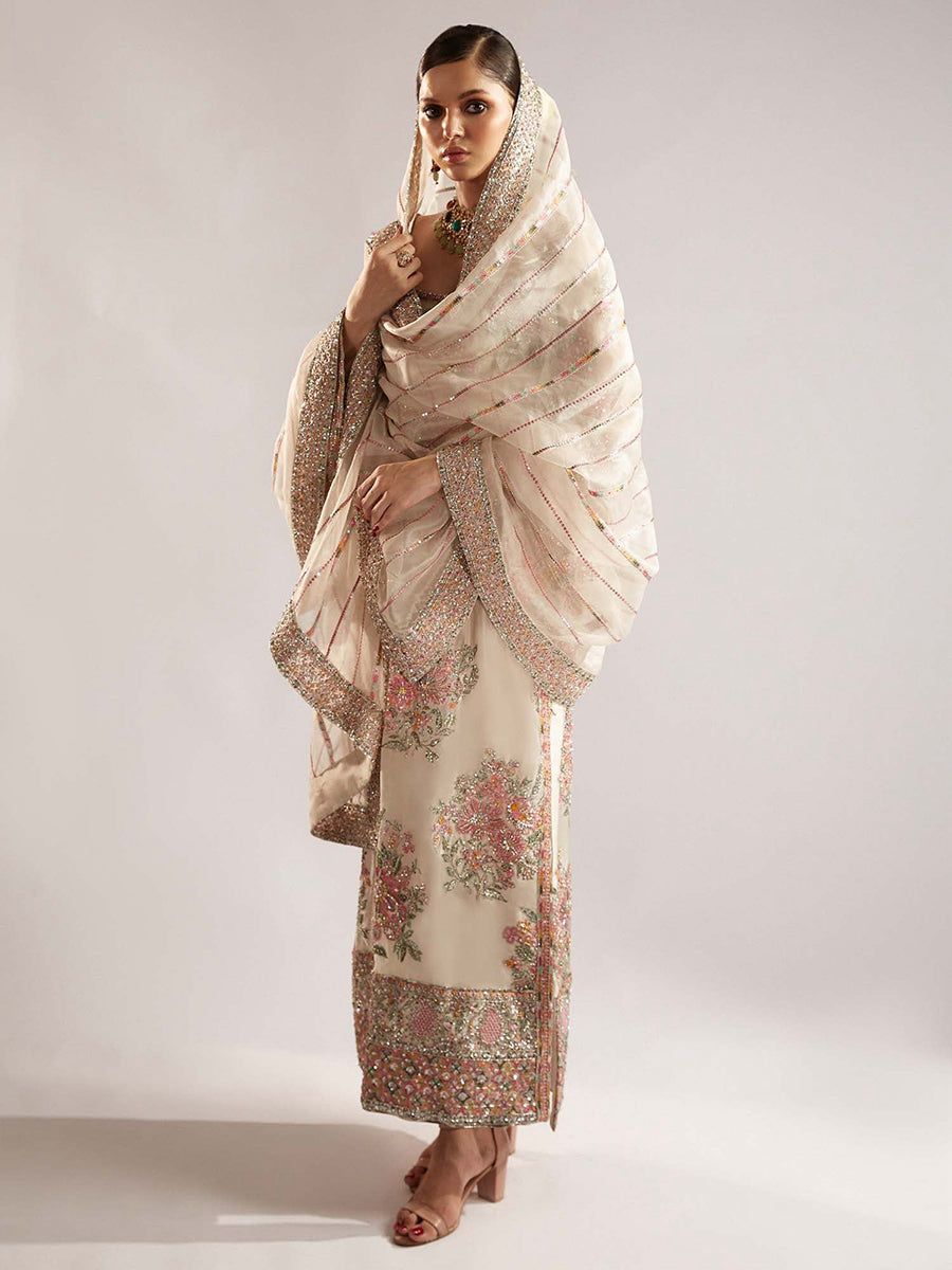 Hussain Rehar  ivory white organza dress 3pcs suit designs by aizah store